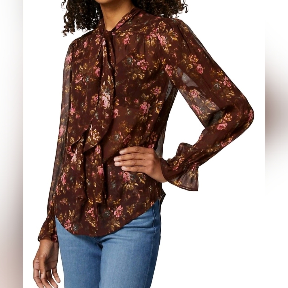 Paige Blouse Clemency Maroon Silk Floral Long Sleeve Ruffle Semi Sheer Size S